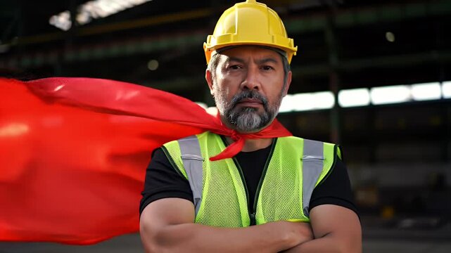Serious Middle Aged Man in Yellow Hardhat Red Cape Safety Vest and Arms Crossed with Blurred Industrial Background