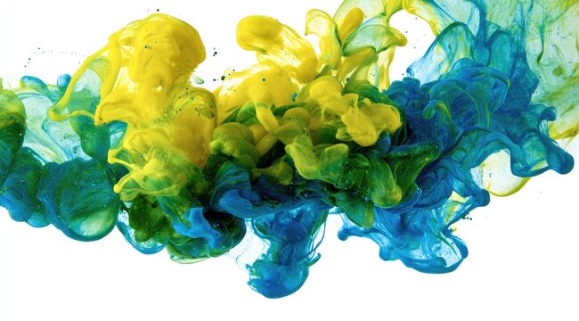 Abstract image of swirling yellow and blue dye in water against a white background. The colors blend and mix, creating a dynamic, flowing composition