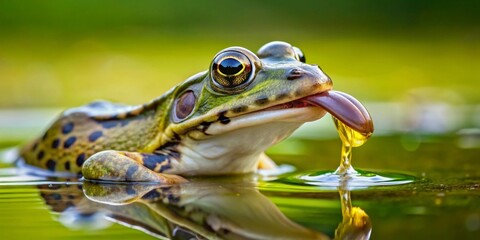 Fototapeta premium A close-up view of an amphibian, its speckled skin reflecting in the still water, as it delicately laps up a viscous liquid with its long, slender tongue.