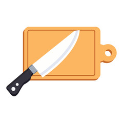 A minimalist vector illustration of a chef's knife laying diagonally on a rectangular wooden cutting board with handle, isolated on a clean white background.