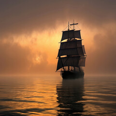 Dark tall ship with full sails navigates calm ocean at sunset sailing ship sailboat