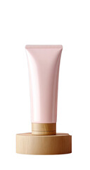 Pink tube of cosmetic product on a wooden base