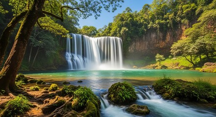 Obraz premium Majestic Waterfall Flowing Into Turquoise Pool Under Sunny Sky