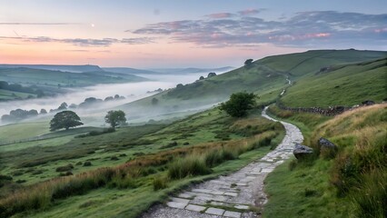 Fototapeta premium A winding path through misty green rolling hills