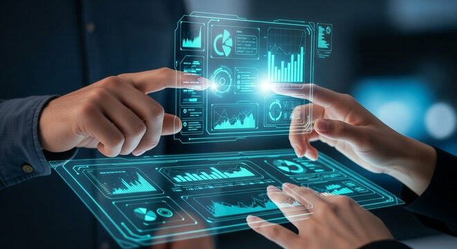 Collaborative team analyzes futuristic holographic data interface for digital transformation insights