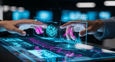 Hands interacting with futuristic holographic data displays showcasing innovation and digital transformation trends.