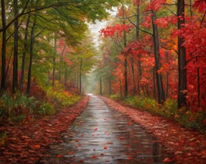 Obraz premium Impressionistic oil painting of a wet forest path lined with vibrant autumn foliage