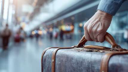 Hand of an elderly person holding onto the handle of a vintage suitcase, with a blurred crowded airport background.