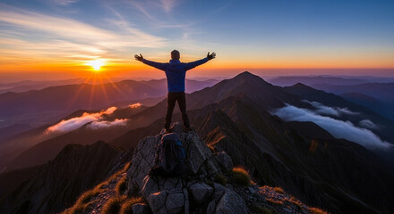 Triumphant hiker celebrates summit victory with arms outstretched at breathtaking mountain sunrise
