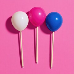 Three pastel balloons on sticks against a pink background