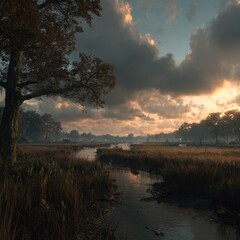 Serene sunset over a tranquil swampy river