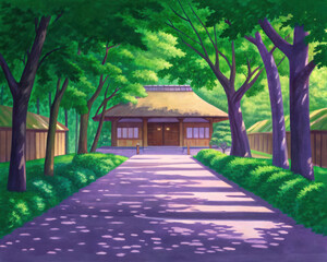 Obraz premium Watercolor painting of a shaded pathway leading to a traditional Japanese building