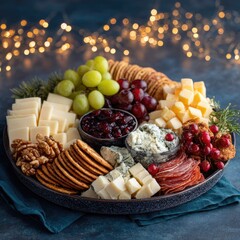 Festive cheese and charcuterie board with crackers, grapes, and cranberries