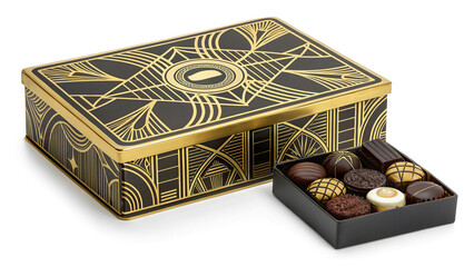 Opulent art deco chocolate box showcasing assorted gourmet chocolates with elegant design and intricate details for a luxurious experience