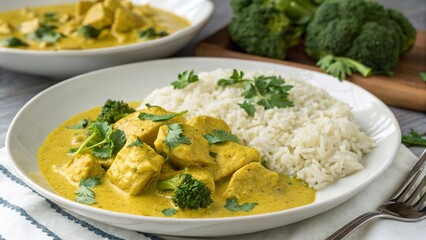 Delicious turmeric spiced chicken served with rice and broccoli in a cozy kitchen setting