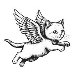 Angel flying kitten color white sketch engraving vector illustration. Scratch board style imitation. Black and white hand drawn image.