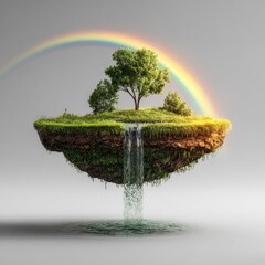 Floating island with waterfall, trees, and rainbow