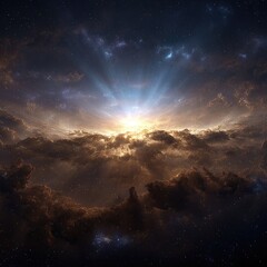 Celestial sunrise through cloudscape, radiant light beams