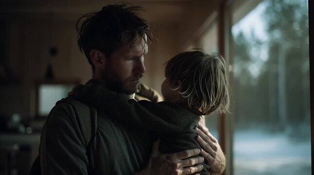 Survival moment shows man holding child in quiet warm room. Survival depends on calm connection between people in shelter. Survival found through presence, not just escape or fear.