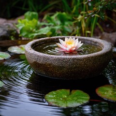 Serene waterlily blossoms in a stone bowl, nestled within a tranquil garden pond