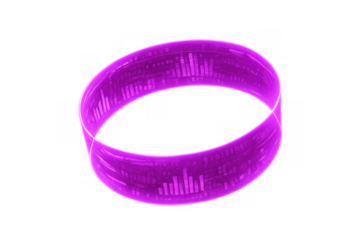 Sleek purple digital bracelet spinning, displaying dynamic data streams against transparent backdrop, representing cutting-edge technological innovation