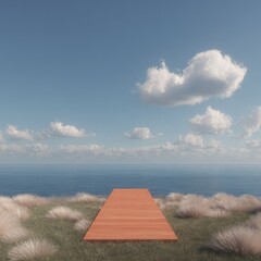 Wooden platform overlooking tranquil ocean, under a partly cloudy sky