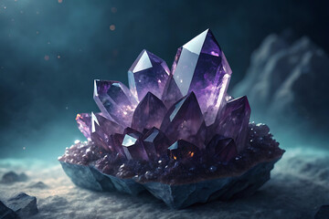Obraz premium Cluster of large purple amethyst crystals glowing with ethereal light
