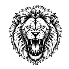 Roaring lion face illustration isolated on white background, lion head vector.lion head engraving illustration