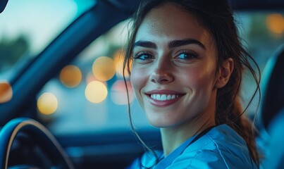 Female nurse driving home from work, reflecting work-life balance while on call as a healthcare worker, Generative AI