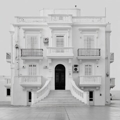 Symmetrical white mansion with grand staircase