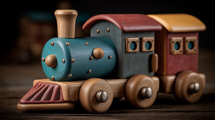Wooden Toy Train on Wooden Surface for Children's Play
