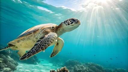 Obraz premium Sea Turtle Swimming Gracefully in Clear Blue Ocean with Sun Rays – Underwater Marine Wildlife Scene