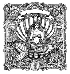 Intricate vintage mermaid illustration sitting in shell throne, surrounded by ornate underwater elements, corals, jellyfish, and sea creatures. © bow
