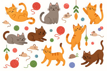 Cute Playful Cats Clipart – Hand Drawn Kittens, Yarn & Mice Set
