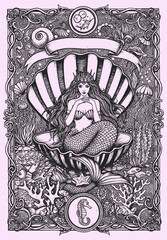 Intricate vintage mermaid illustration sitting in shell throne, surrounded by ornate underwater elements, corals, jellyfish, and sea creatures. © bow