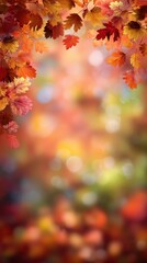 Fototapeta premium Autumn leaves forming a border against a blurred background, creating a seasonal, natural, and visually charming scene ideal for fall designs, decorative projects, and nature - inspired arts.
