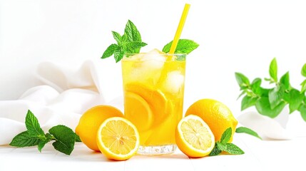 Fototapeta premium Refreshing lemonade in a glass with ice and lemon slices.