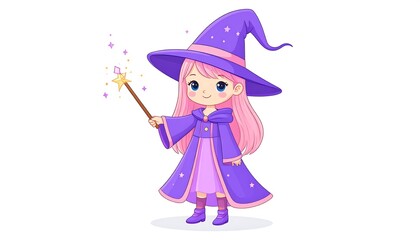 Cute witch girl waving magic wand
