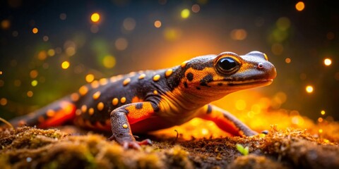 Fototapeta premium A captivating close-up of a vibrant amphibian, its skin adorned with striking orange and black markings, basking in the warm glow of ambient light, a magical scene evoking a sense of wonder