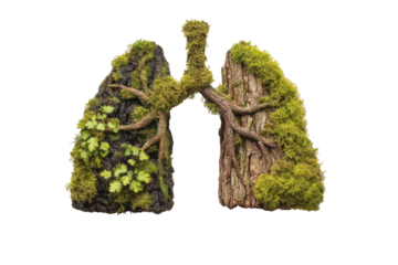 Lungs depicted as a natural, organic form, with bark and moss