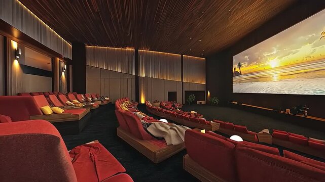 Luxurious private cinema viewing experience with plush seating and immersive screen
