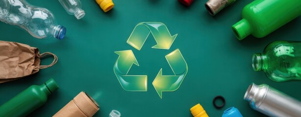 Recycling symbol surrounded by various recyclable materials on a green background