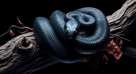 Dark blue snake coiled on a gnarled branch in dramatic lighting