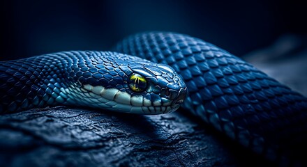 Obraz premium Close up of a coiled dark blue snake with bright yellow eyes