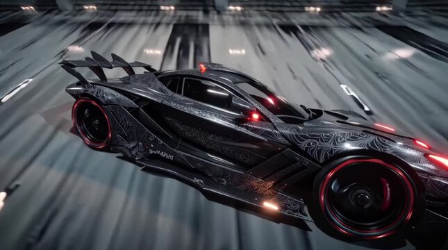 a cinematic slow-motion video of a dragon-style car defying gravity by climbing a vertical wall at high speed, dragon scales across the aerodynamic body