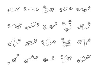 Airplane route direction set in outline line art with travel paths, dotted flight lines, location pins and aviation symbols for map navigation illustration and creative designs projects © palau83