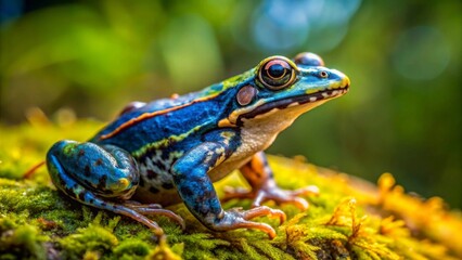 Obraz premium Vibrant Amphibian Perched on Lush Mossy Surface, Displaying Striking Blue and Green Hues in a Natural Habitat