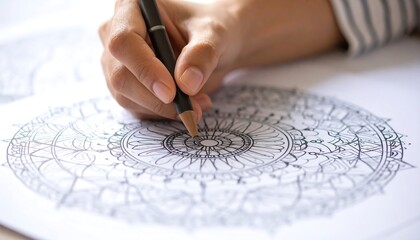 Close-up of hand drawing intricate mandala