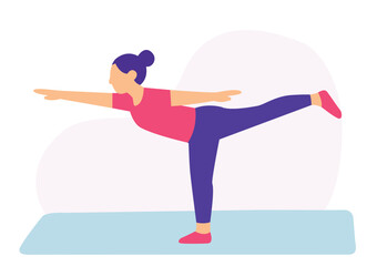 Woman doing warrior III pose flat vector. Flat vector of yoga warrior three pose. Minimalist warrior III yoga illustration.