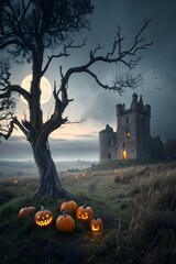 Spooky Halloween pumpkin in an ancient European castle graveyard at sunset, silhouetted against the night sky
